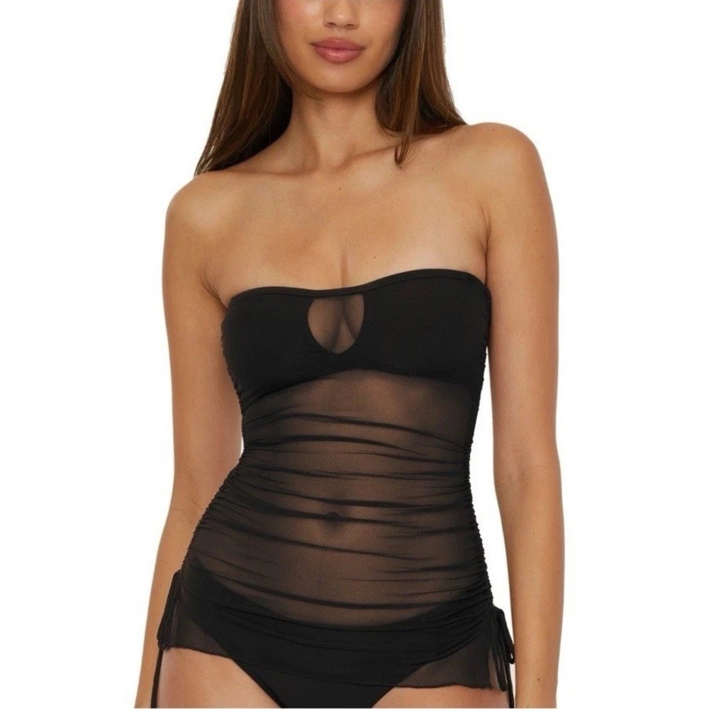 Becca Muse Hadlee Sheer Mixed Media Bandeau Tankini Top, Black, Small